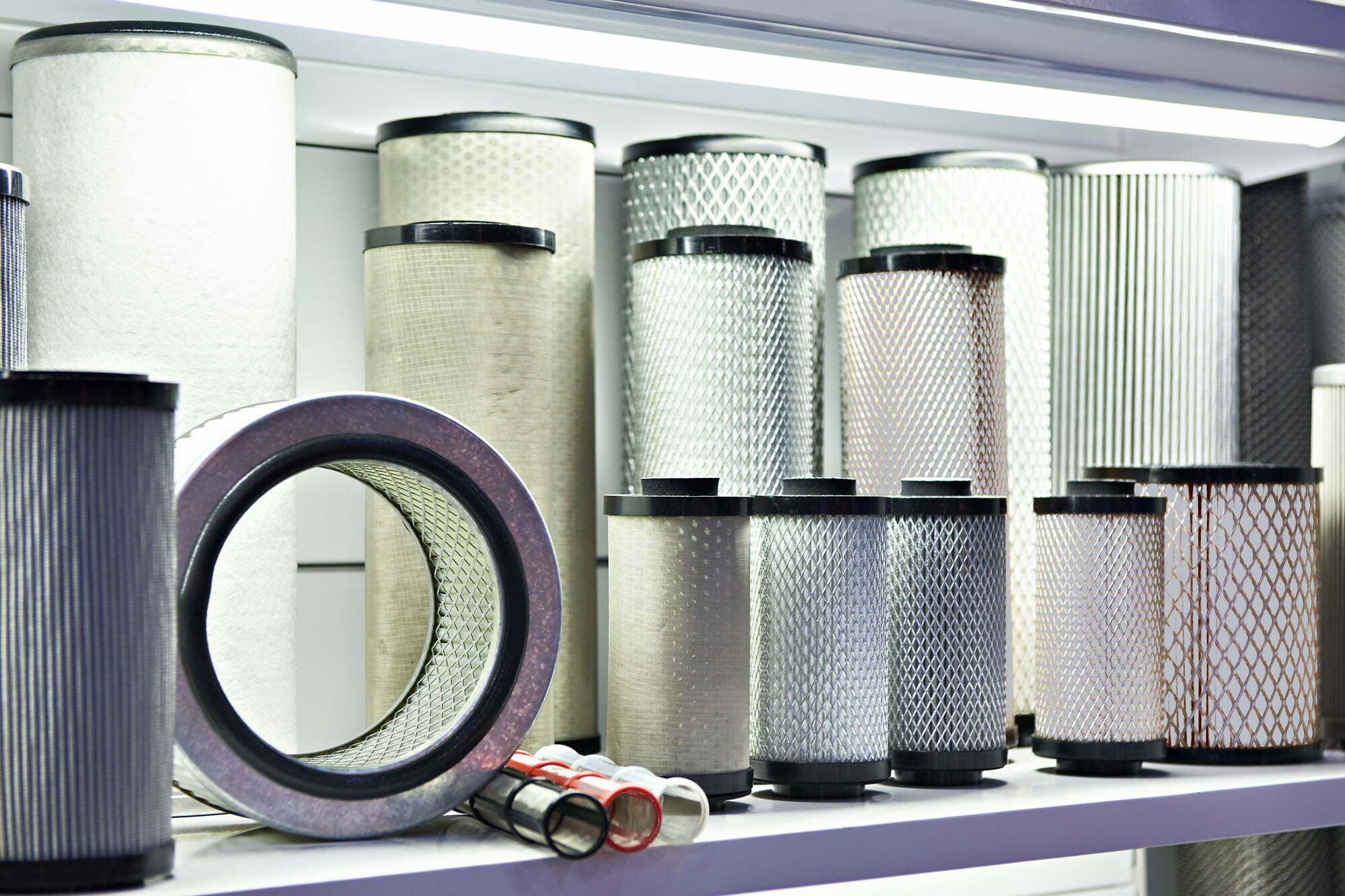 Industrial Air Filters in variety on a shelf. For Cleaning, Sales and Manufacturing services by Robinsons Filter Solutions 