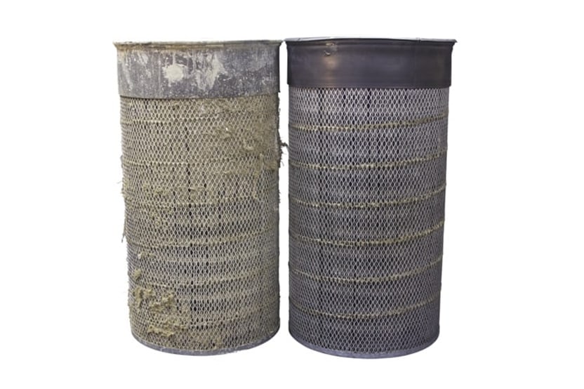 Two baghouse filters side by side. One dirty and one that has been cleaned at Robinson's Filter Solutions